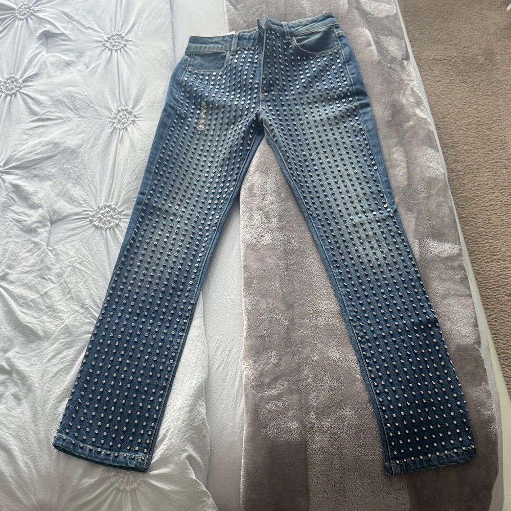 Alice + Olivia Studded Straight Leg Jeans - Blue